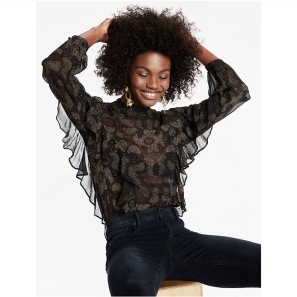 • Lucky Brand • sheer print ruffle high neck top - Picture 1 of 8